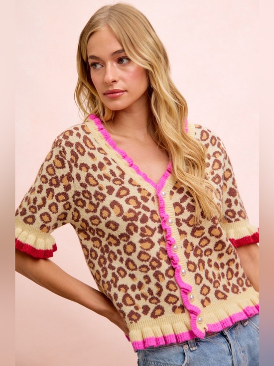 BiBi Sweaters - BiBi Leopard Patterned Ruffled Detail Button Cardigan